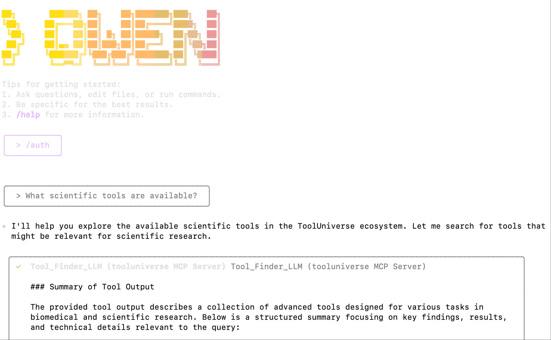 Qwen Code integrates with ToolUniverse via MCP